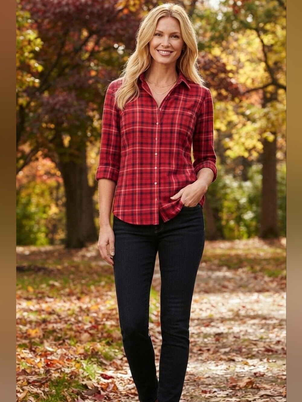 Talbots Red and Black Plaid Button-Down Shirt